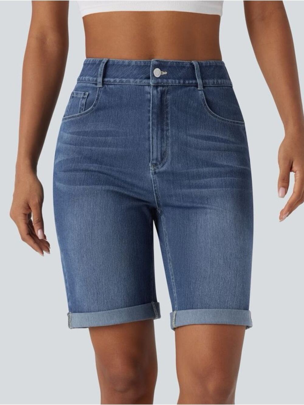 NWT Halara Flex High Waisted Pockets Rolled Hem Washed Denim Shorts Size XS